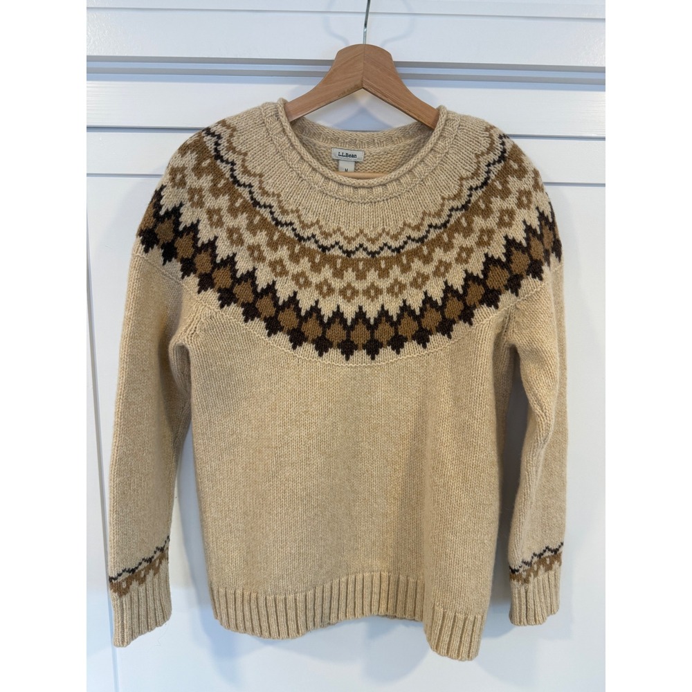 LL Bean Womens Medium Classic Wool Fair Isle Sweater Lambswool Tan Roll Neck - M